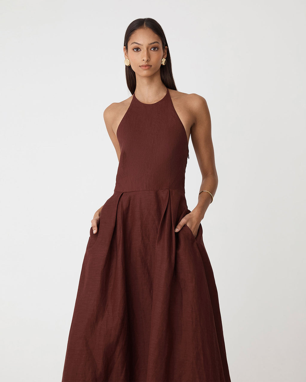 Lennie Halter Maxi Dress in brick — close-up view