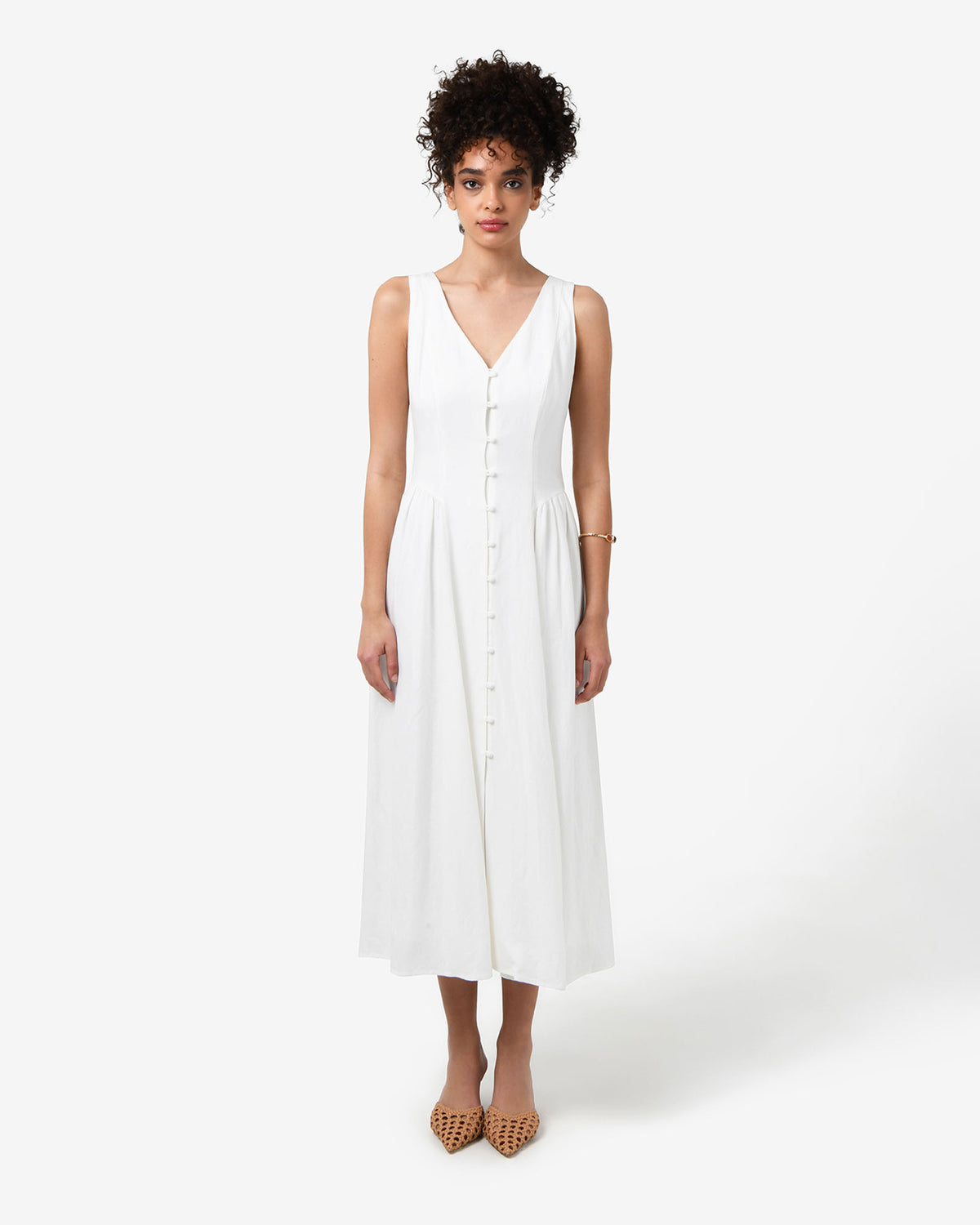 Kendal Linen Blend Dress in white sugar — full-length view