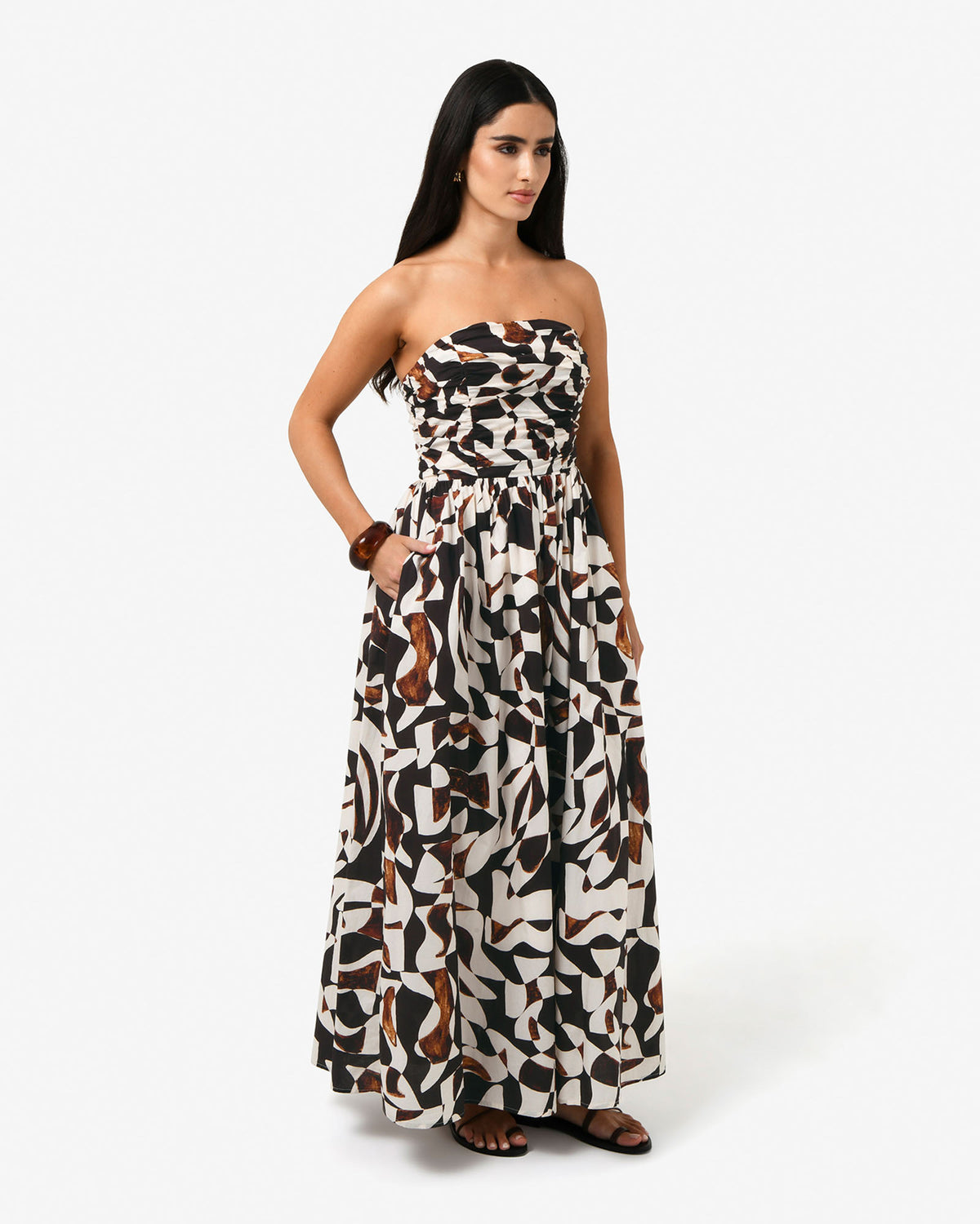 Hazel Printed Strapless Dress in brown retro — full-length view 2