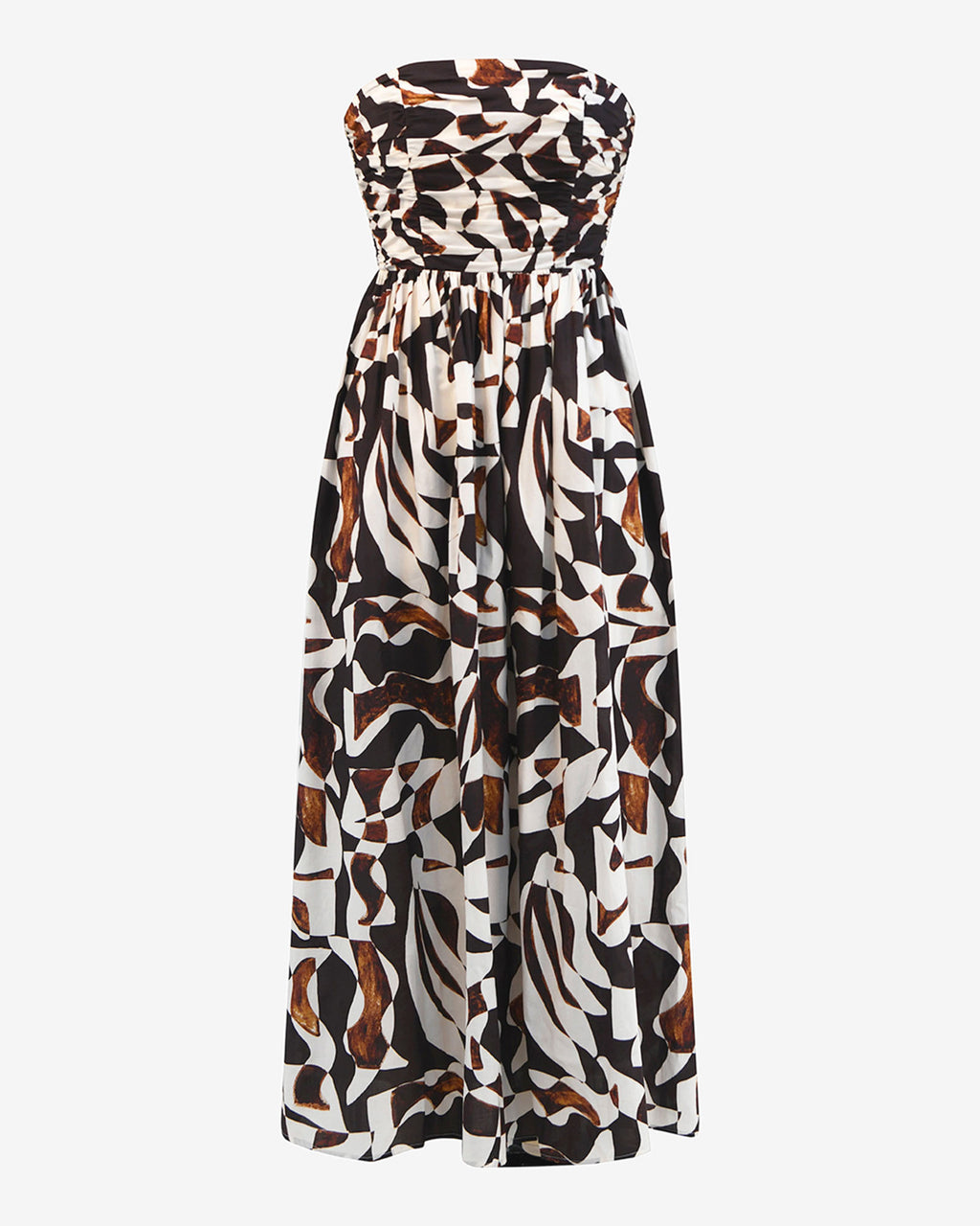 Hazel Printed Strapless Dress in brown retro — product-only view
