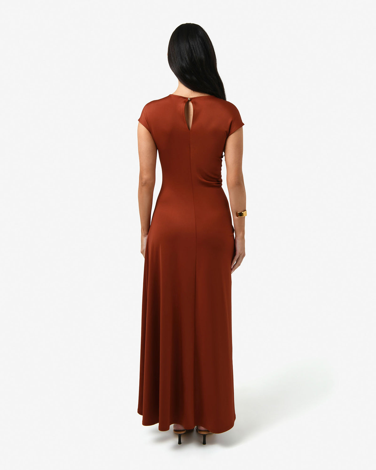 Kim Asymmetric Ruched Dress in rust — back view