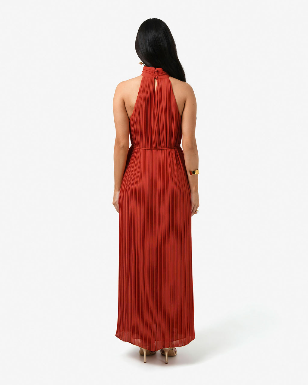 Shelly Chiffon Pleated Dress in burnt orange — back view