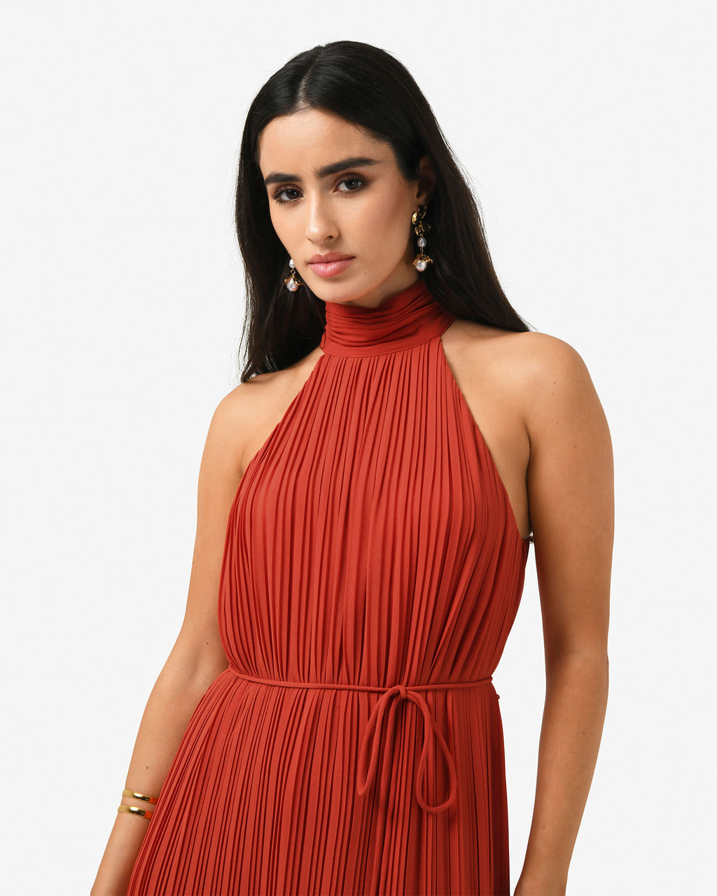 Shelly Chiffon Pleated Dress in burnt orange — fabric detail