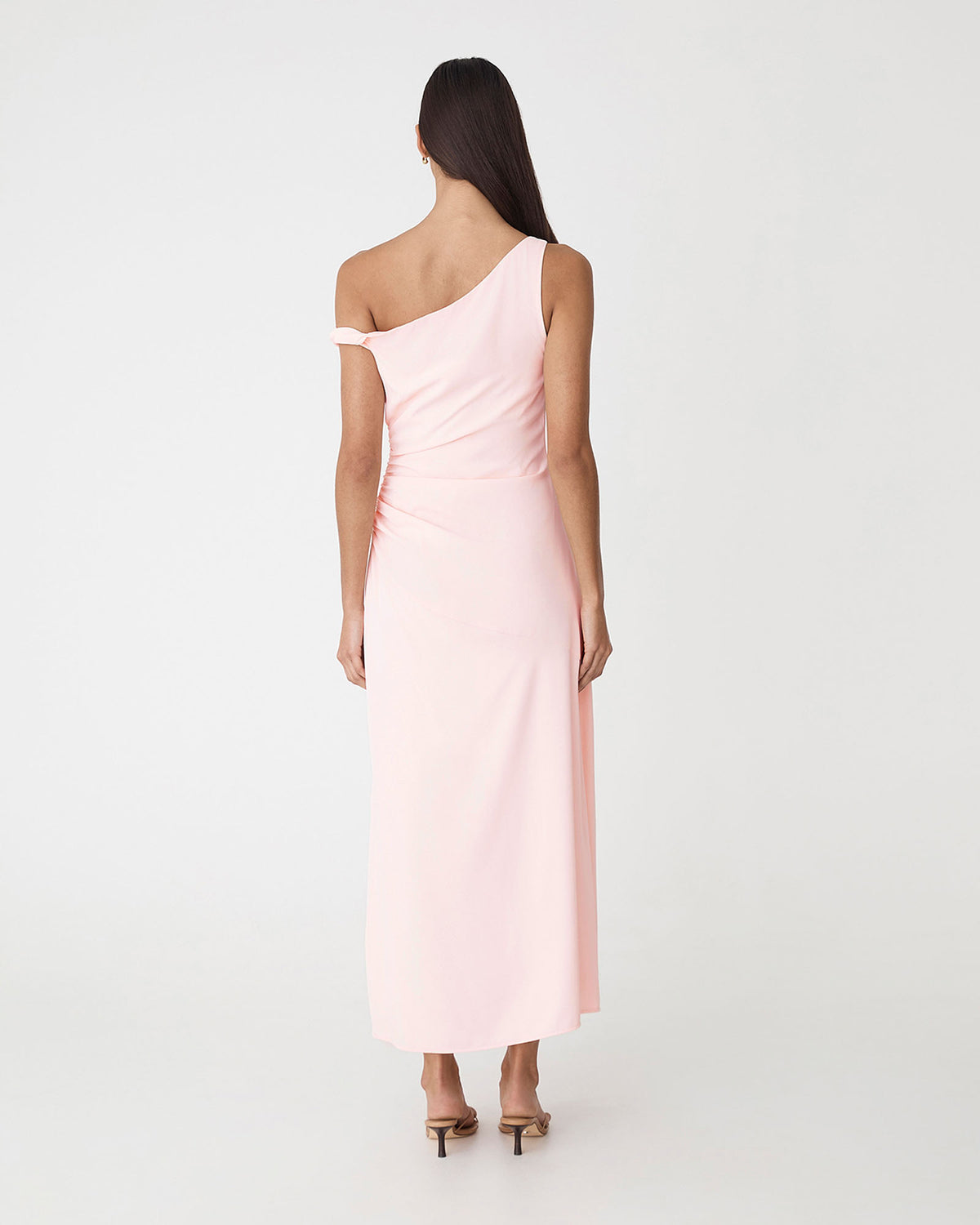 Afina One Shoulder Twist Dress in soft pink — back view