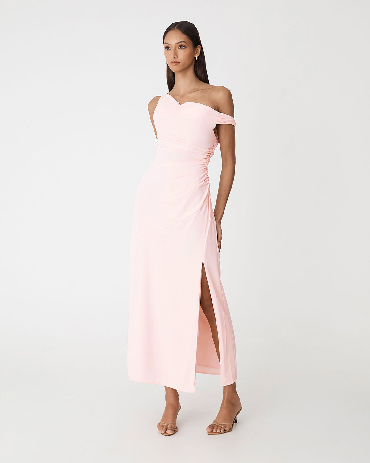 Afina One Shoulder Twist Dress in soft pink — full-length view 2