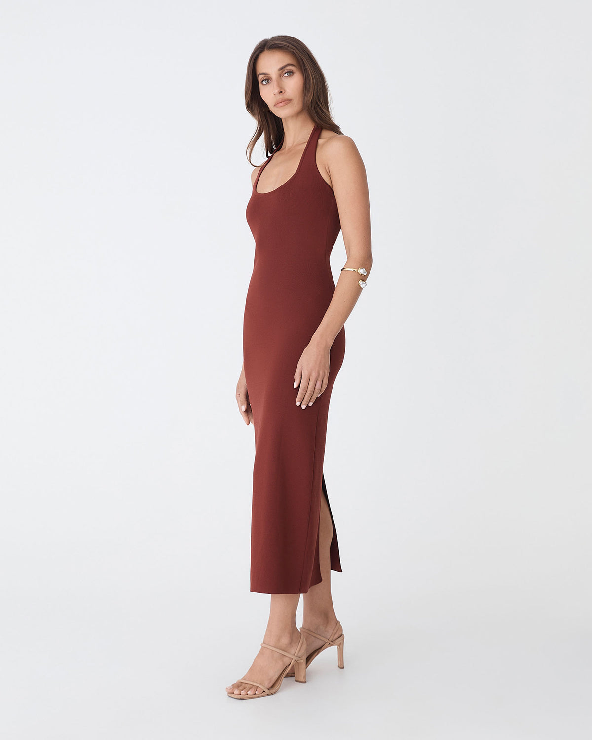 Jolin Halter Neck Rib Dress in brick — view 3