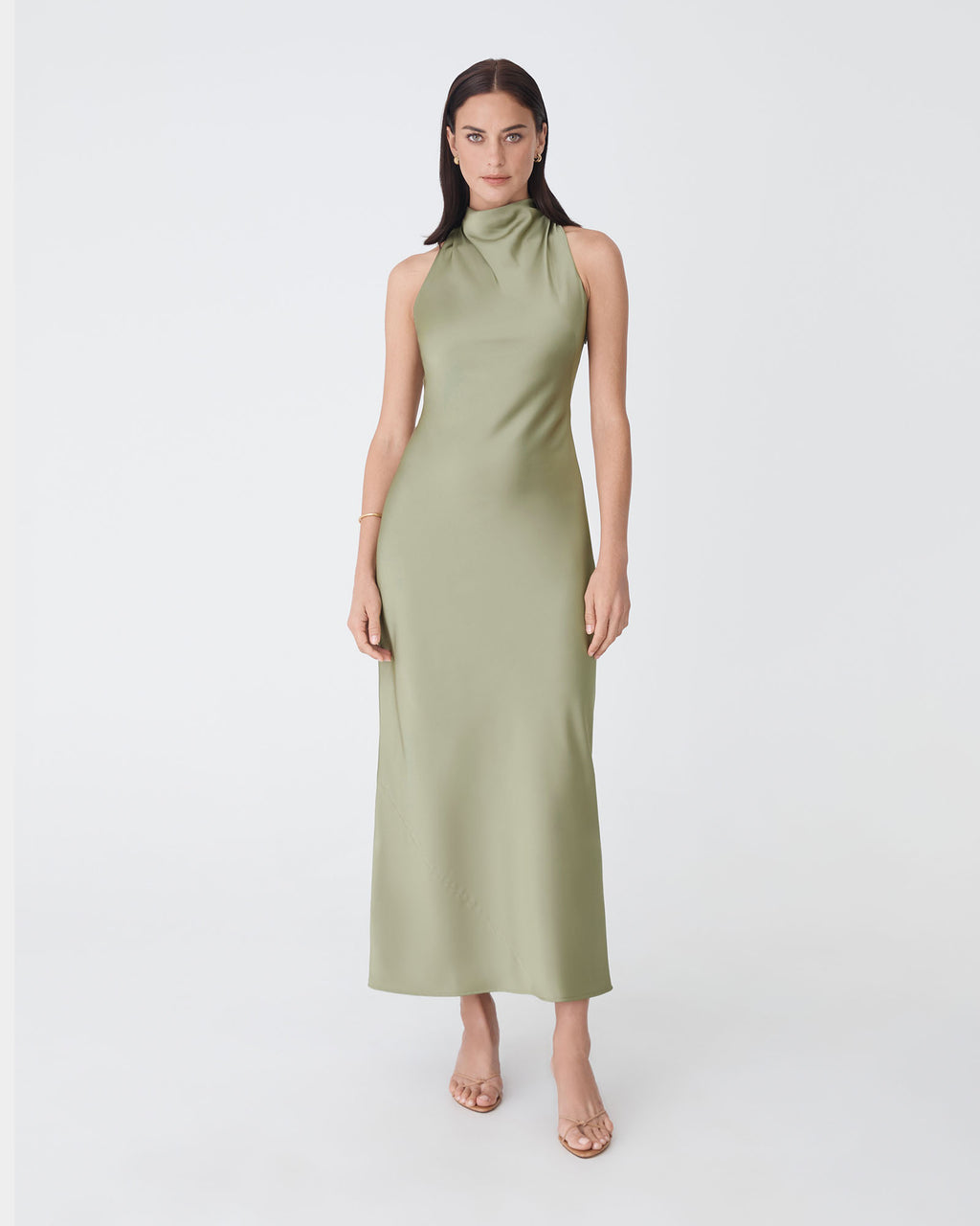 Delilah Bias Satin Dress in olive — full-length view 2