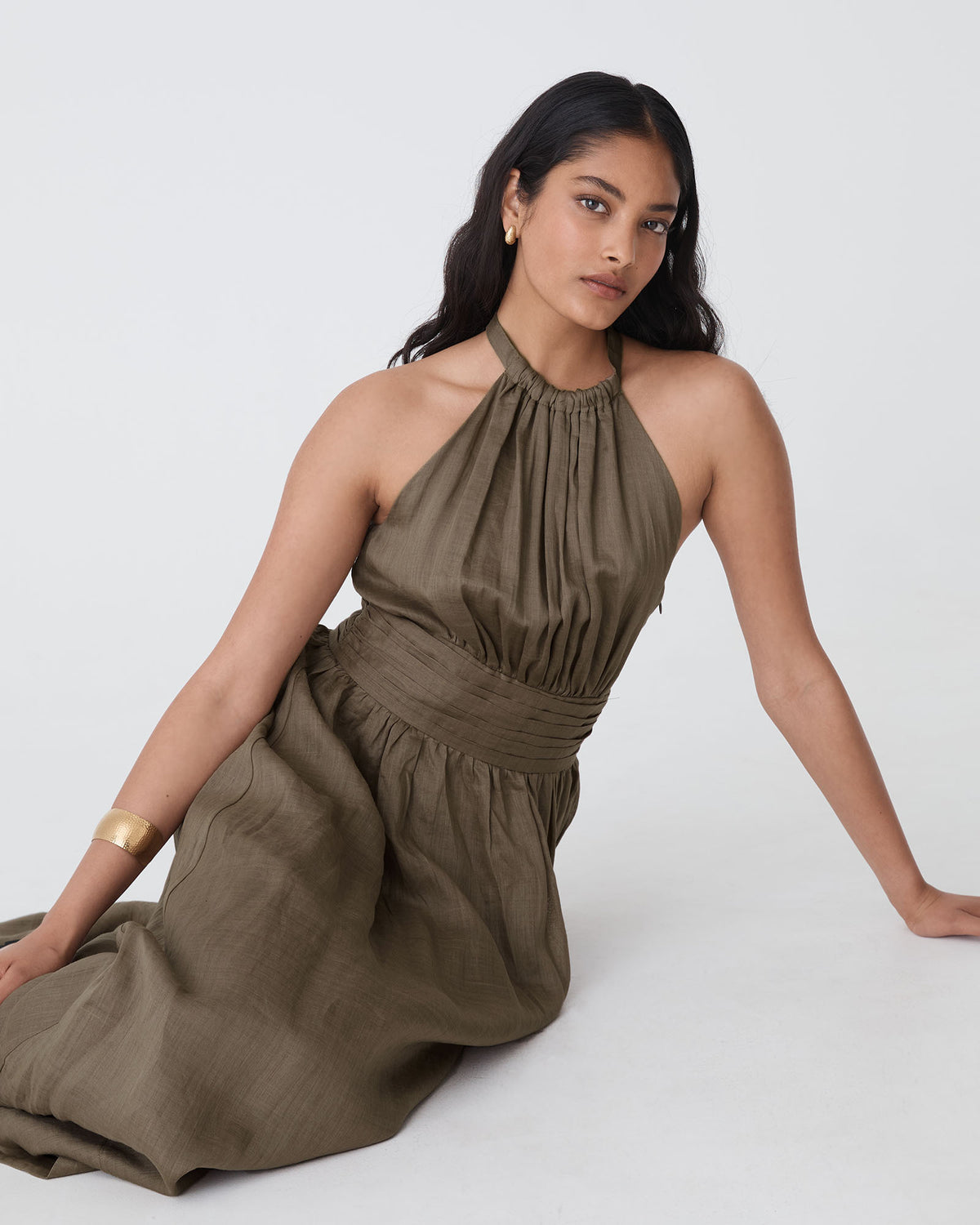 Miami Gathered Neck Hemp Dress in khaki — alternate view