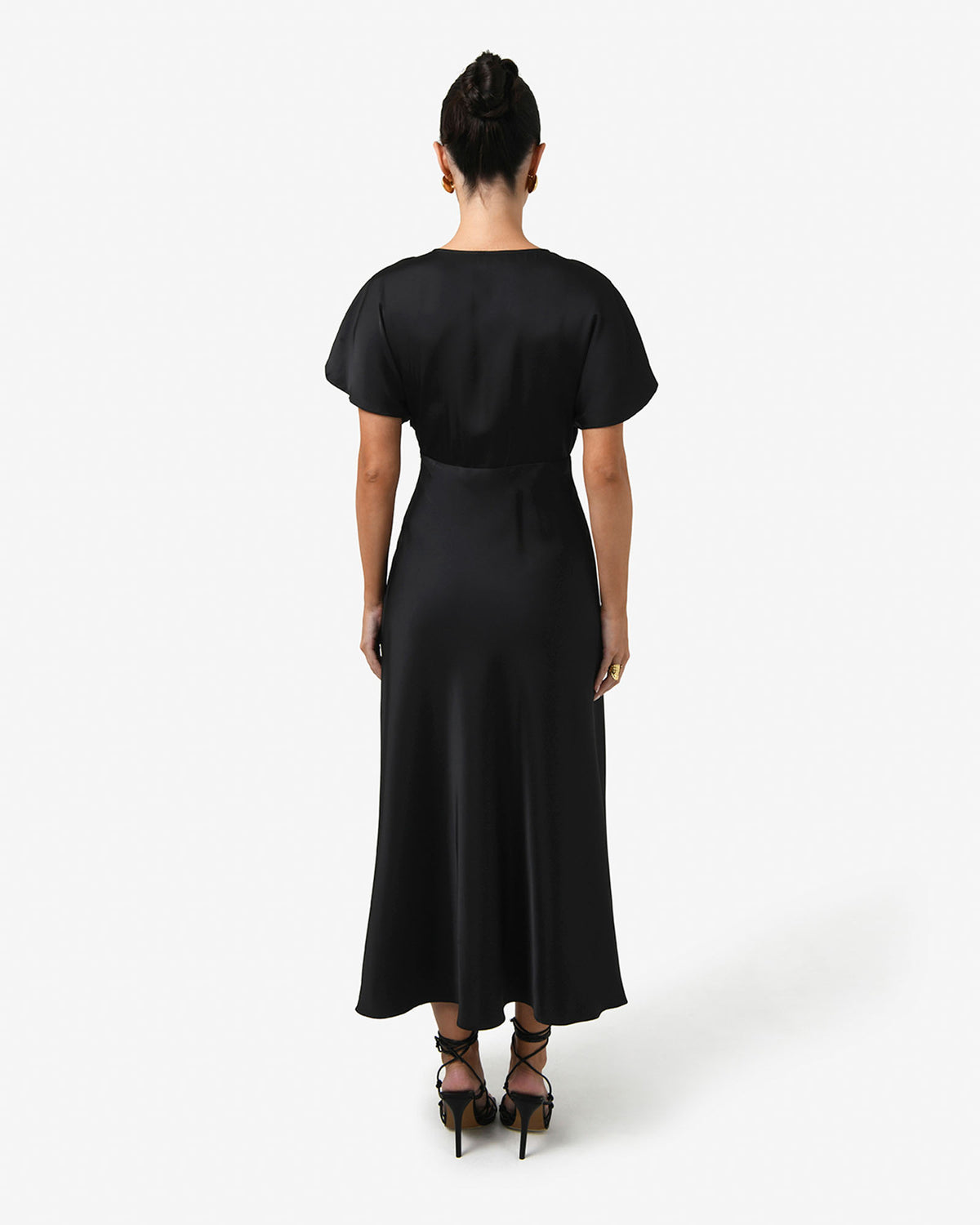 Catalina V-Neck Satin Dress in black — back view