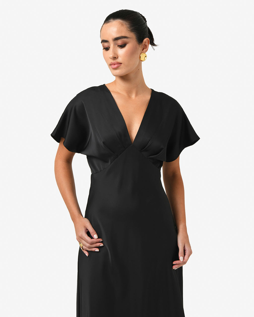 Catalina V-Neck Satin Dress in black — close-up view