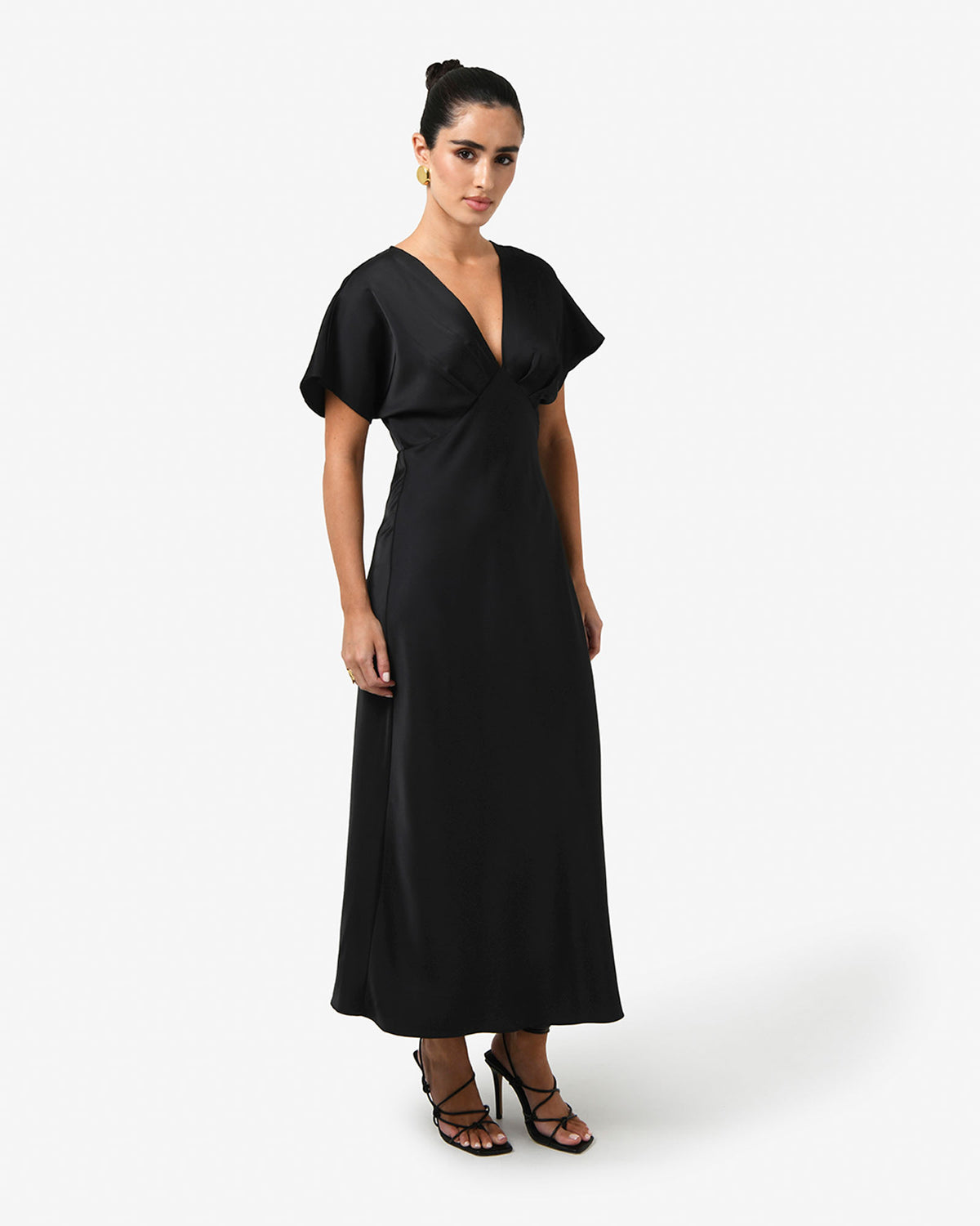 Catalina V-Neck Satin Dress in black — side view