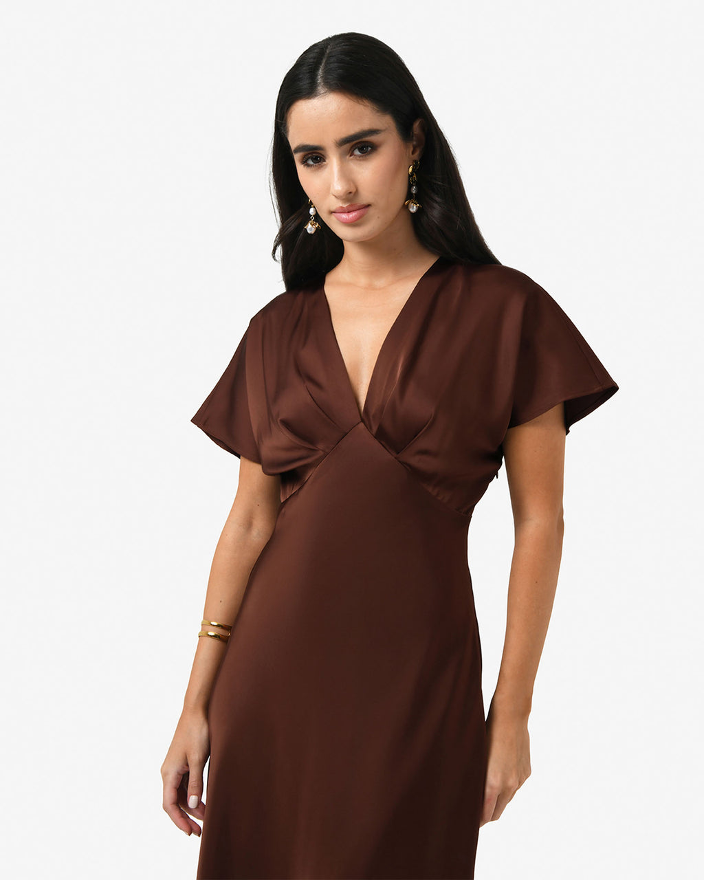 Catalina V-Neck Satin Dress in brick — close-up view