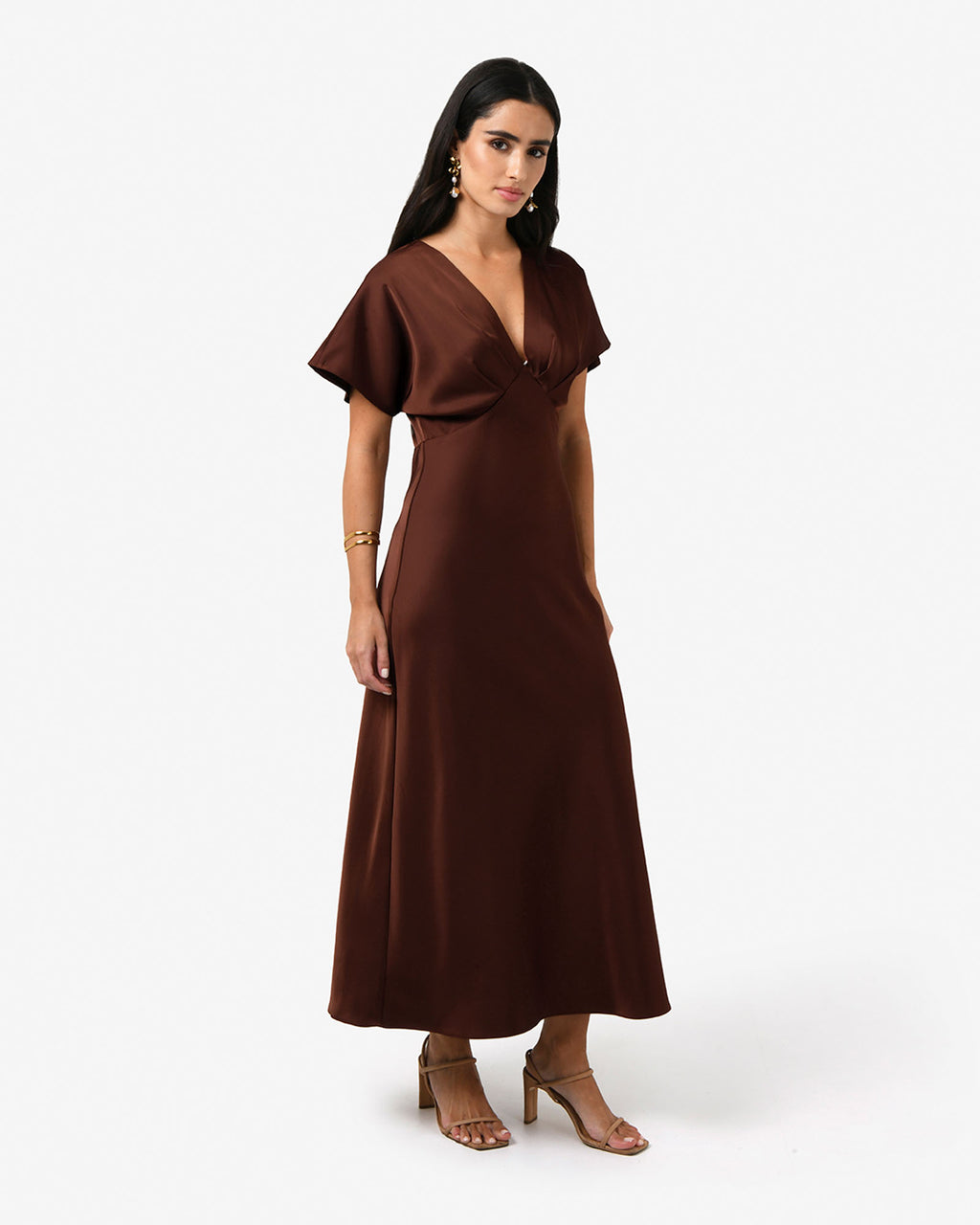 Catalina V-Neck Satin Dress in brick — side view