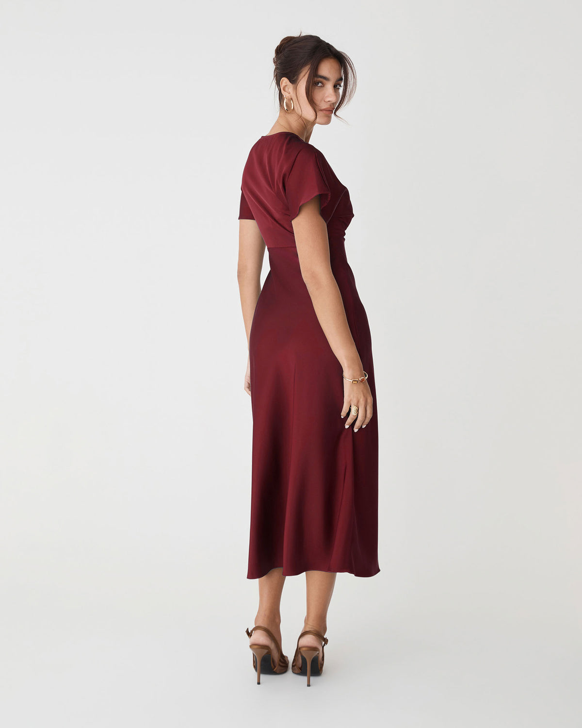 Catalina V-Neck Satin Dress in deep red — back view
