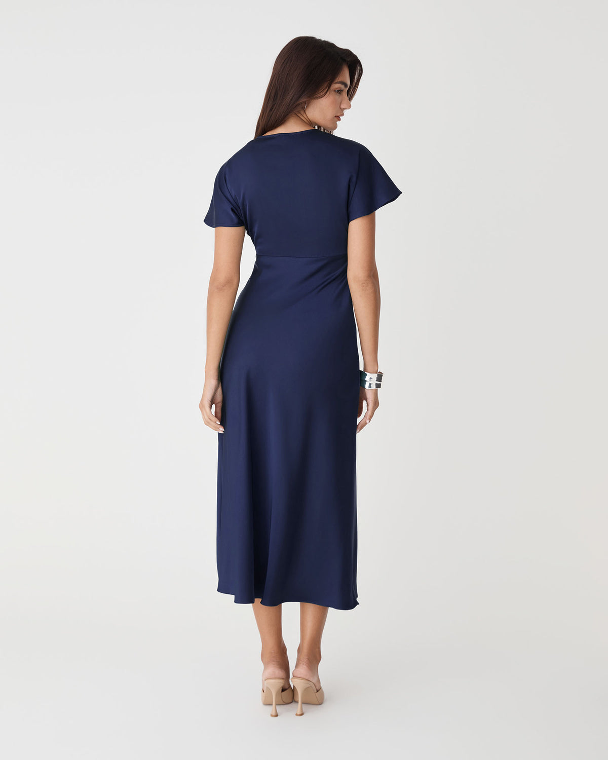 Catalina V-Neck Satin Dress in navy — back view