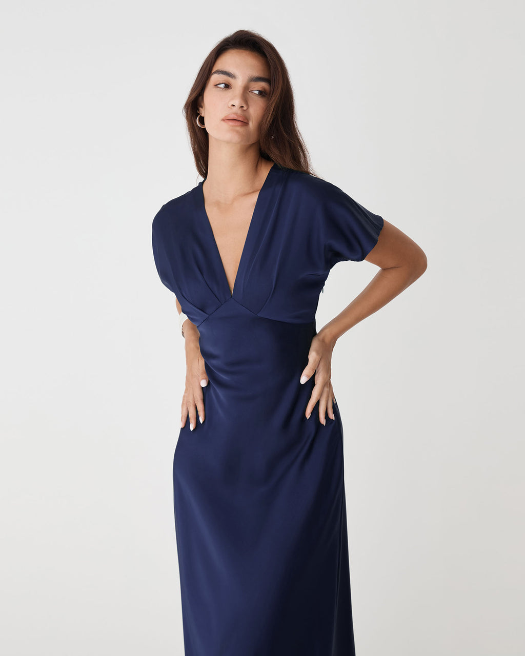 Catalina V-Neck Satin Dress in navy — close-up view 2