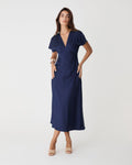 Catalina V-Neck Satin Dress in navy — full-length view