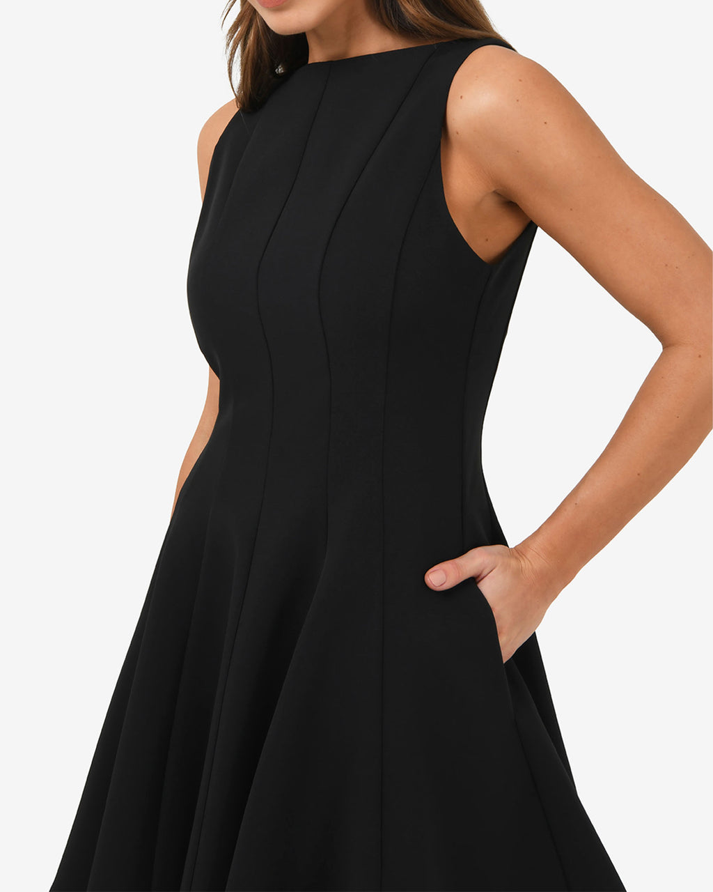 Sandy Panel Mini Dress in black — close-up view