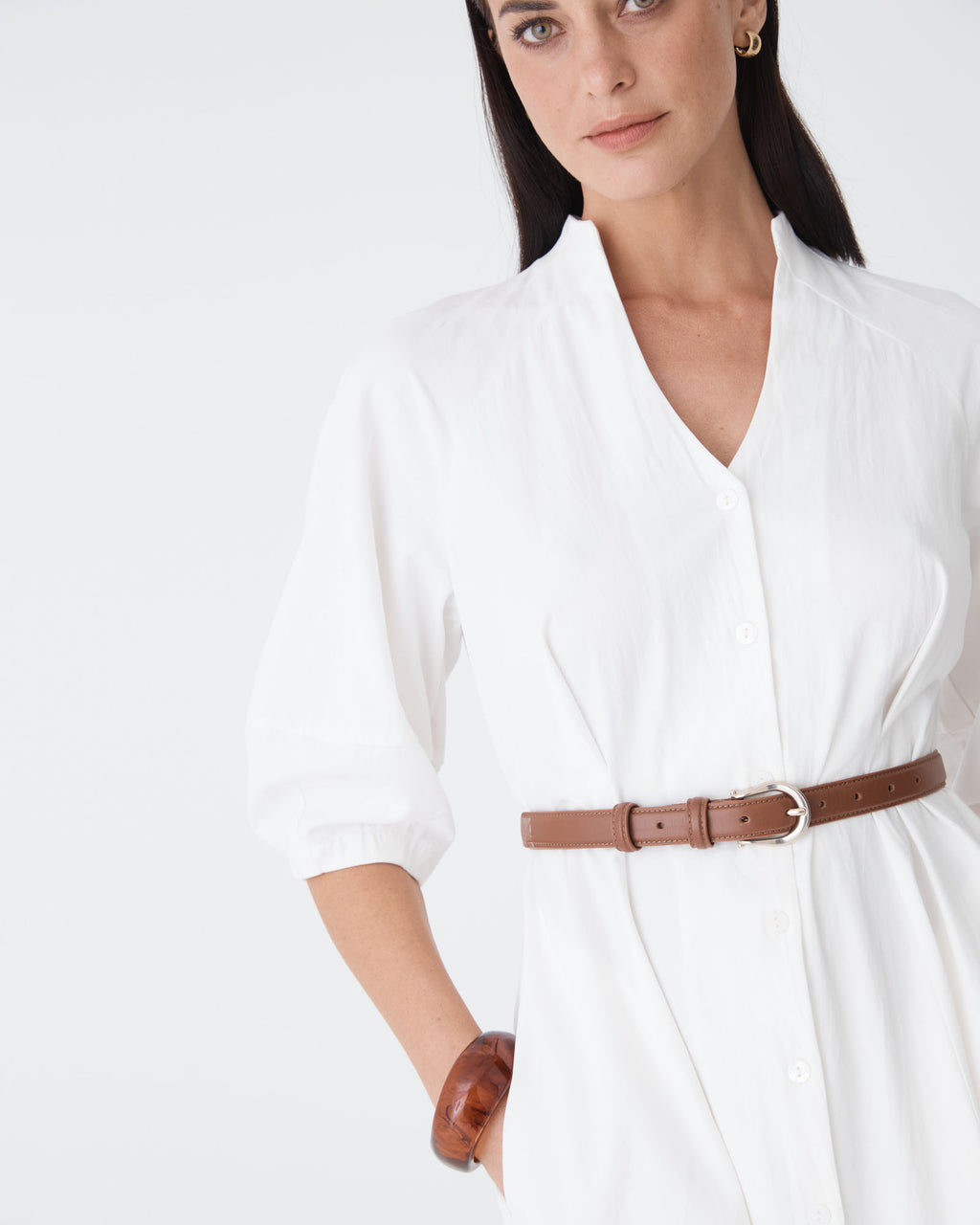 Lyn Lantern Sleeve Shirt Dress in ivory — fabric detail