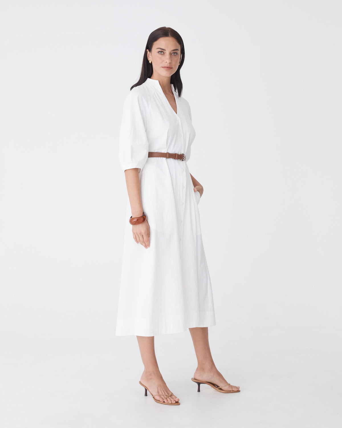 Lyn Lantern Sleeve Shirt Dress in ivory — side view
