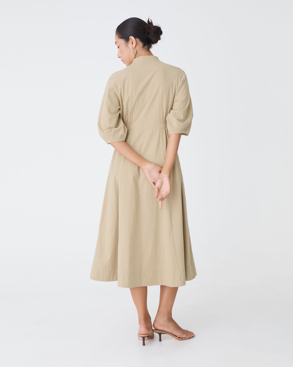 Lyn Lantern Sleeve Shirt Dress in sand — back view