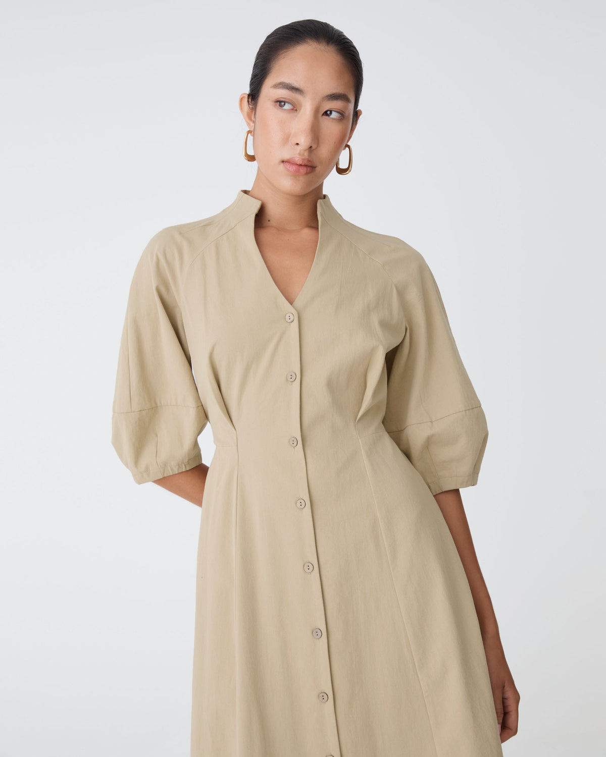 Lyn Lantern Sleeve Shirt Dress in sand — close-up view