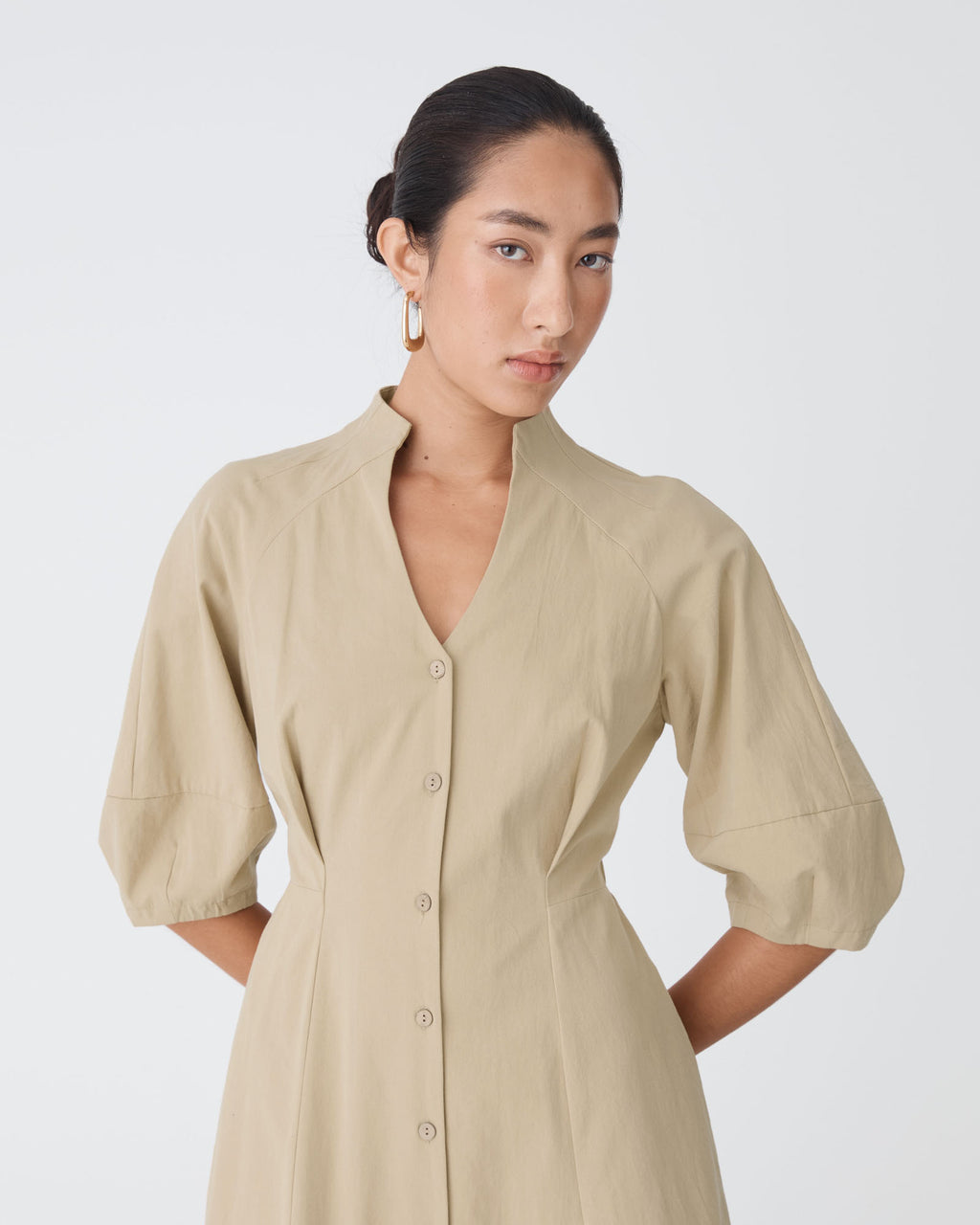 Lyn Lantern Sleeve Shirt Dress in sand — close-up view 2