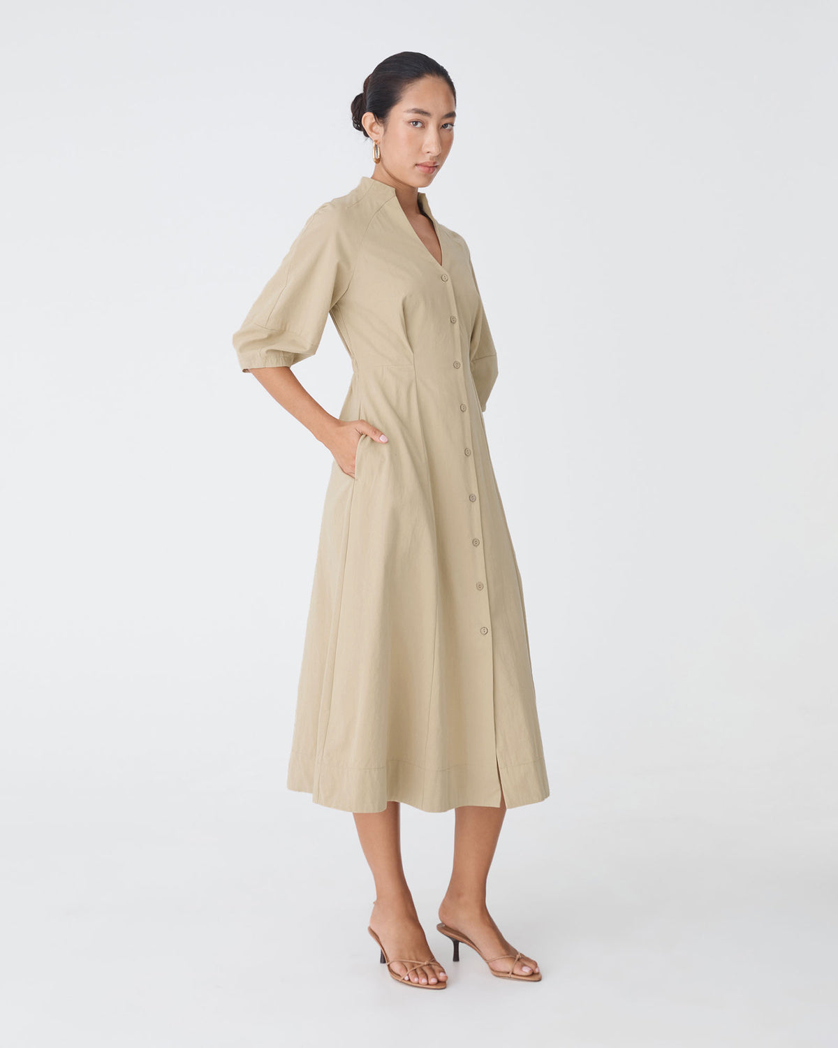 Lyn Lantern Sleeve Shirt Dress in sand — side view