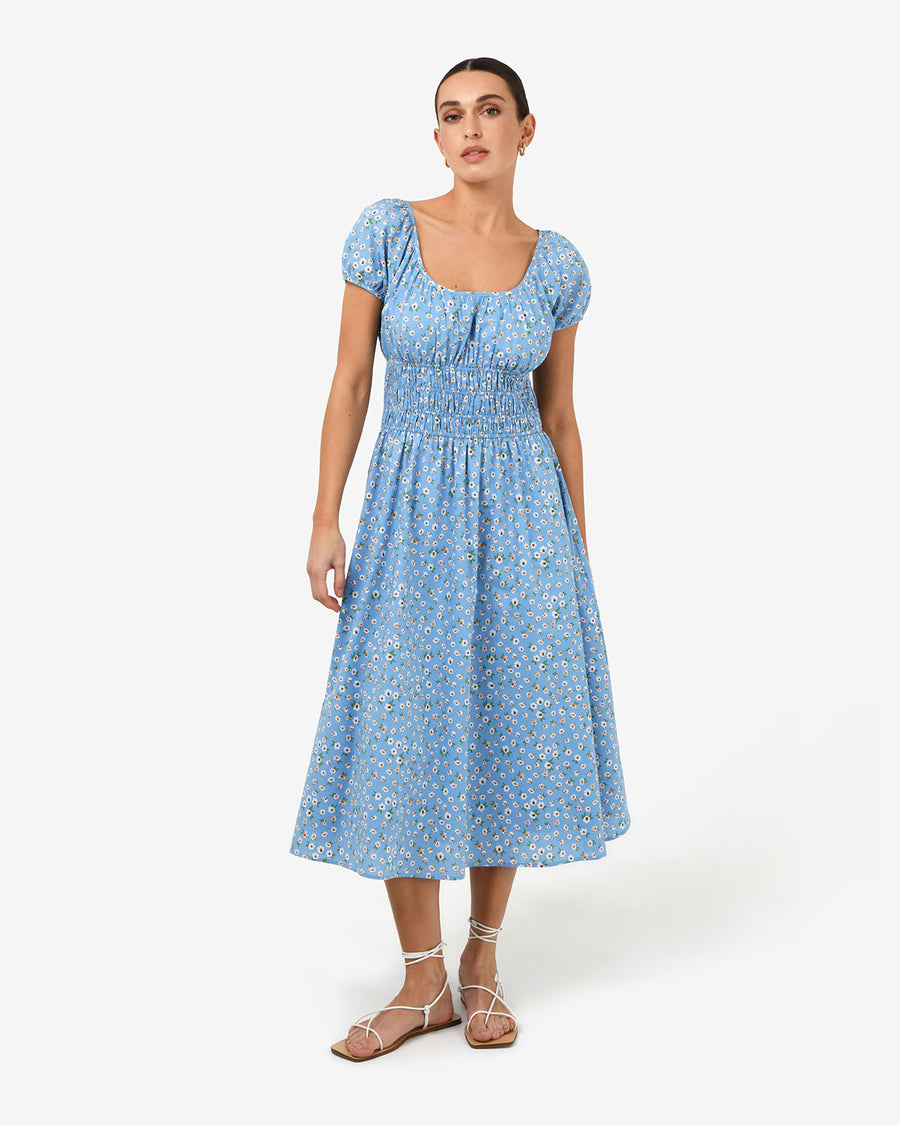 Alisa Shirred Midi Dress in blue ditsy — full-length view