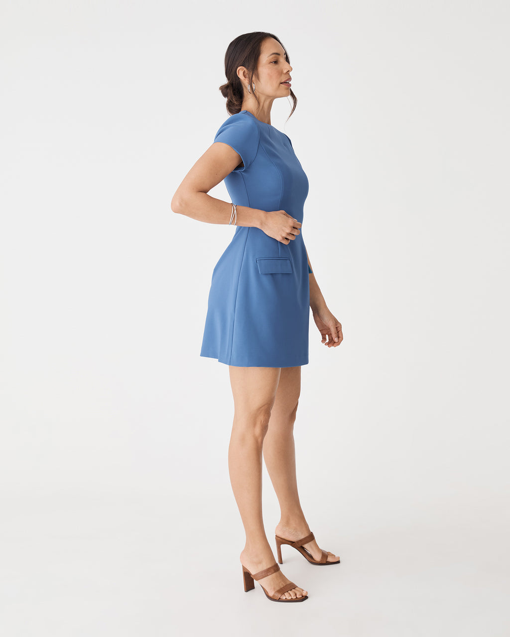 Hannah Tailored Mini Dress in dusty blue — side view