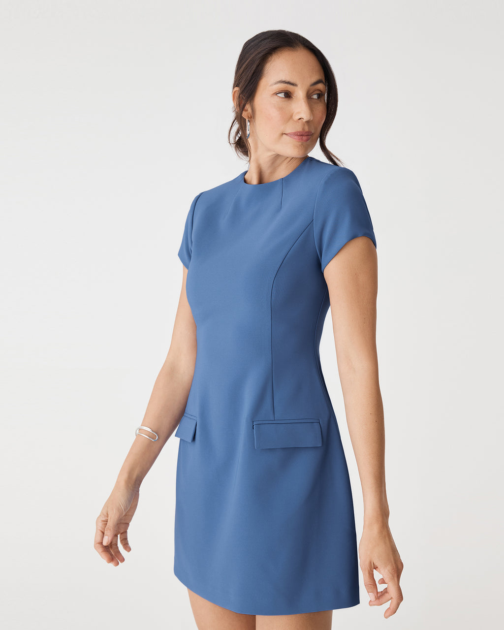 Hannah Tailored Mini Dress in dusty blue — side view 2