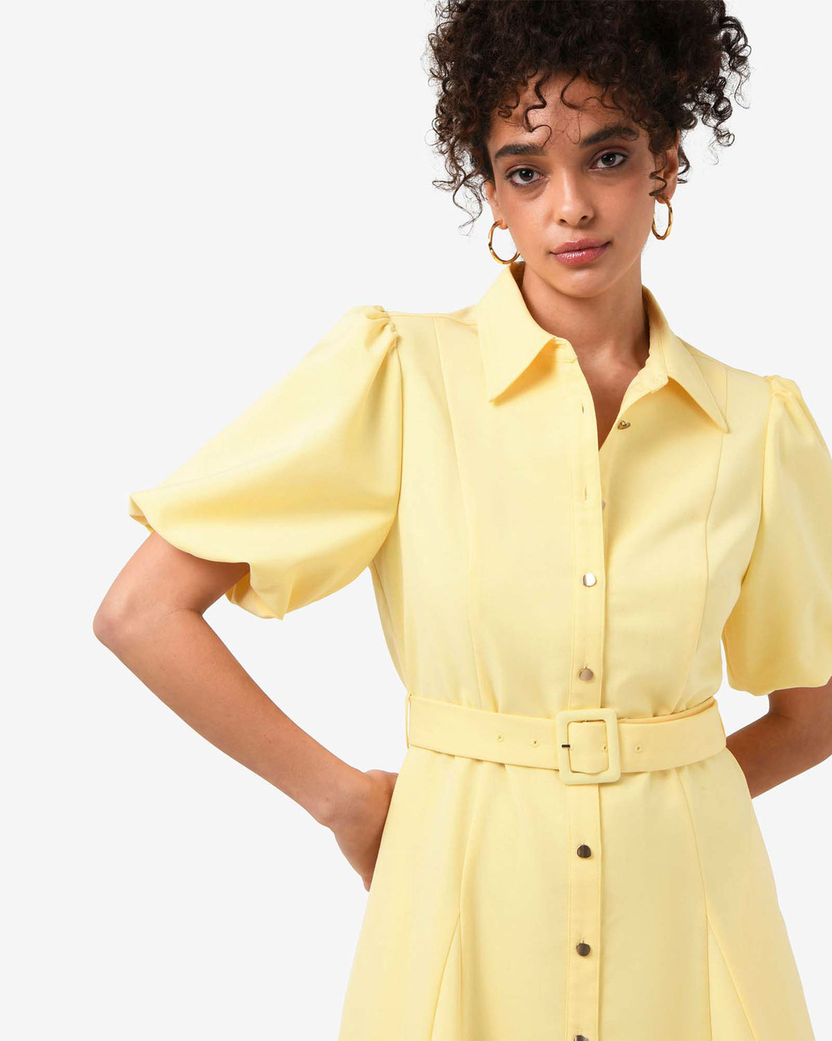 Amera Belted Mini Dress in banana — fabric detail