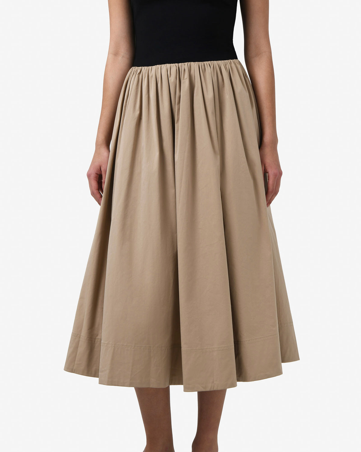 Soho Knit & Poplin Midi Dress in black camel — close-up view