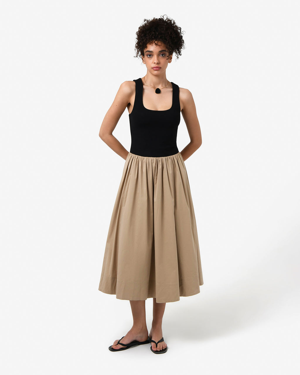 Soho Knit & Poplin Midi Dress in black camel — full-length view 2