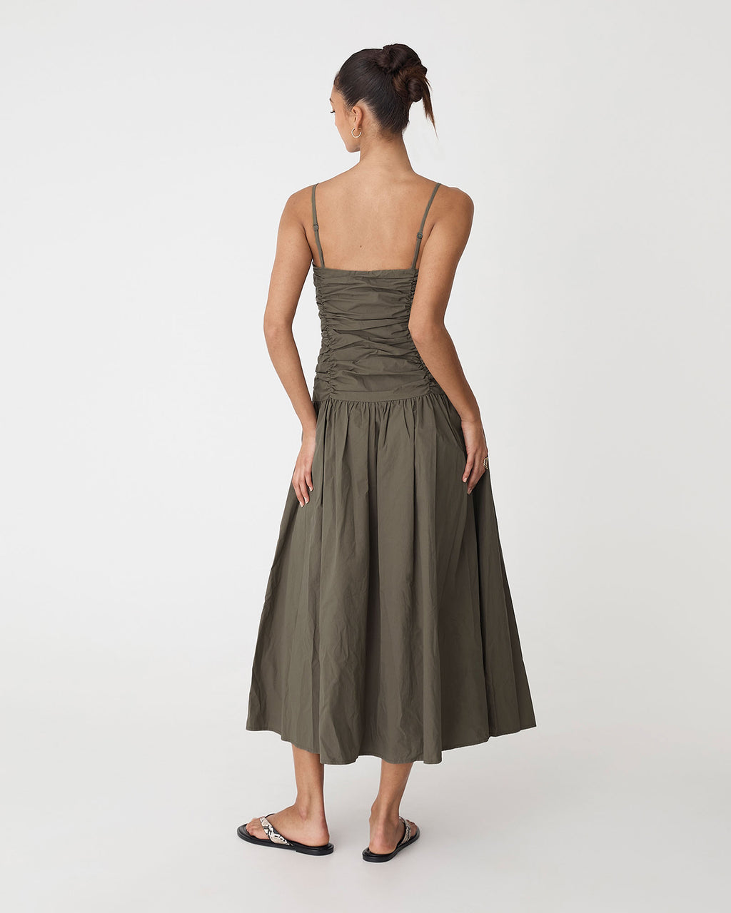 Cathy Cotton Modal Midi Dress in khaki — back view