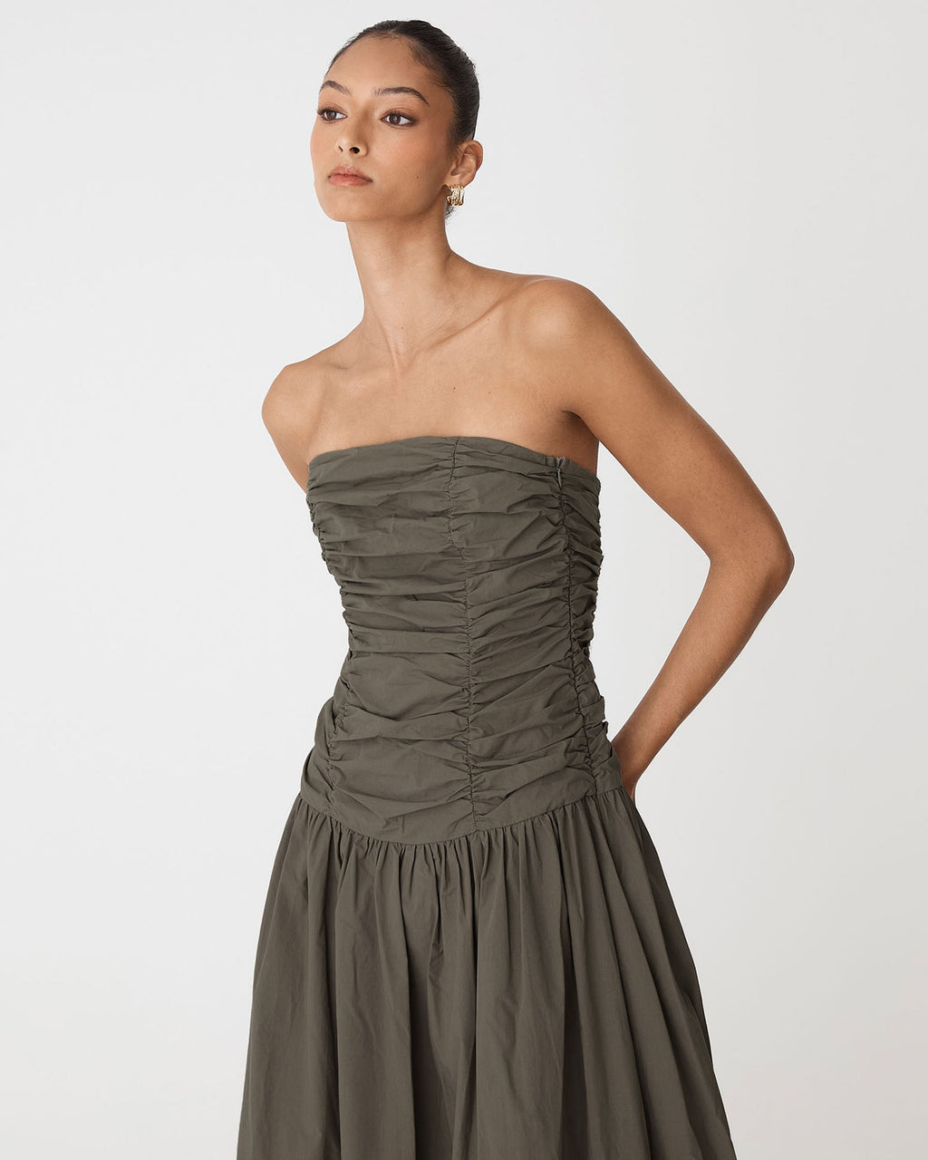 Cathy Cotton Modal Midi Dress in khaki — close-up view