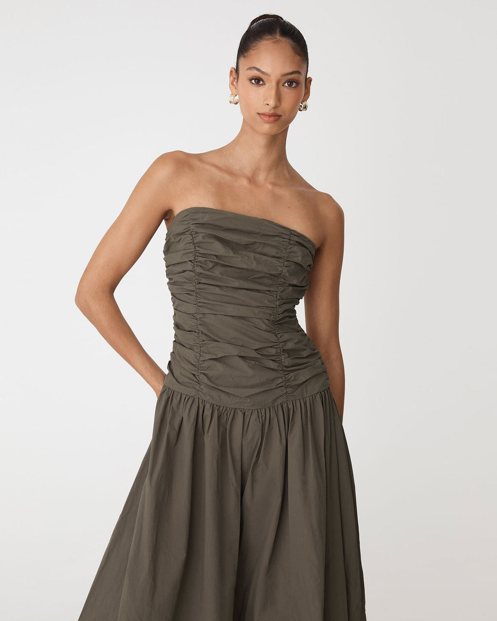 Cathy Cotton Modal Midi Dress in khaki — close-up view 3