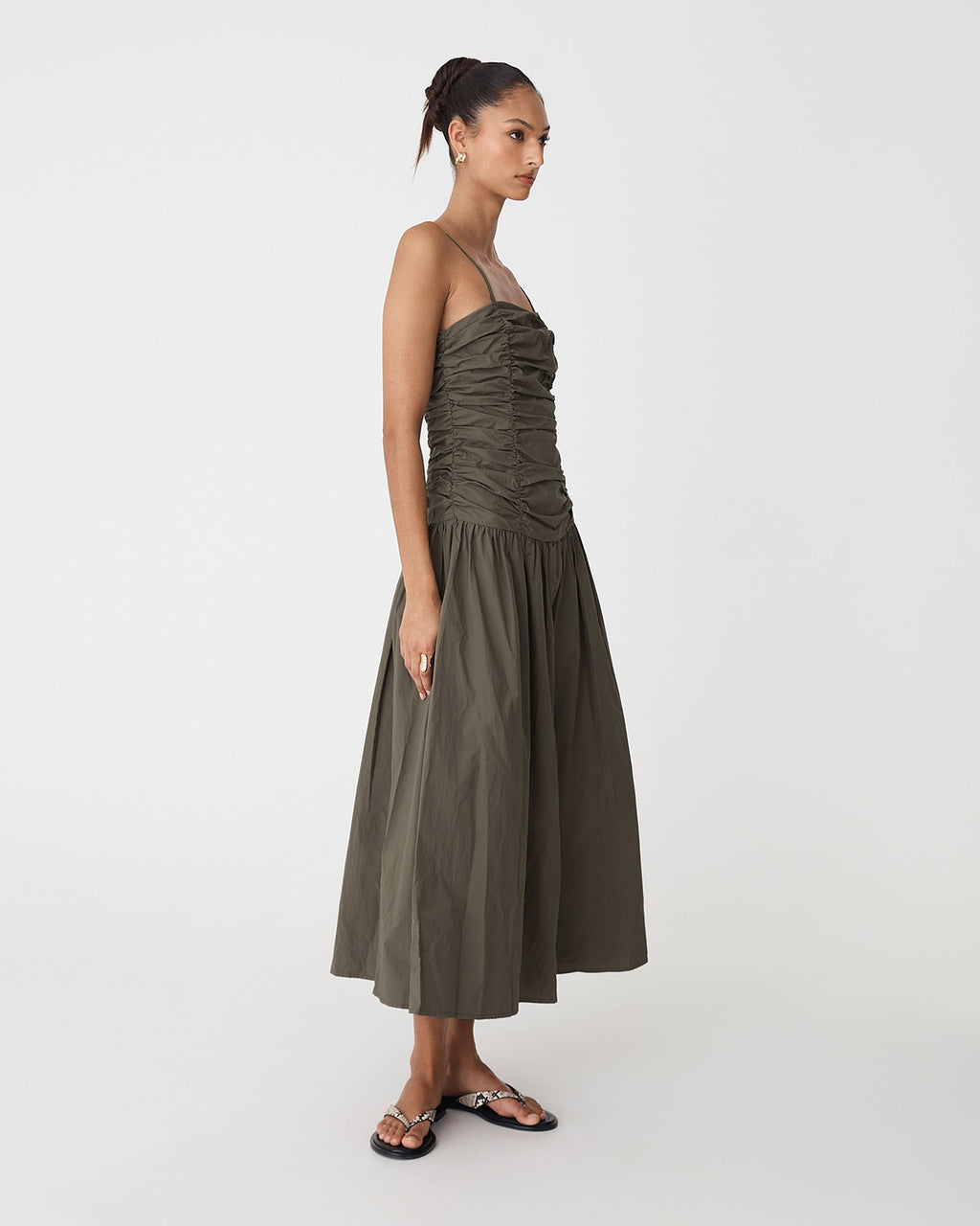 Cathy Cotton Modal Midi Dress in khaki — side view