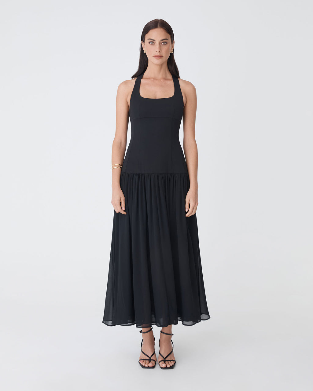 Selena Dropped Waist Dress in black — full-length view 2