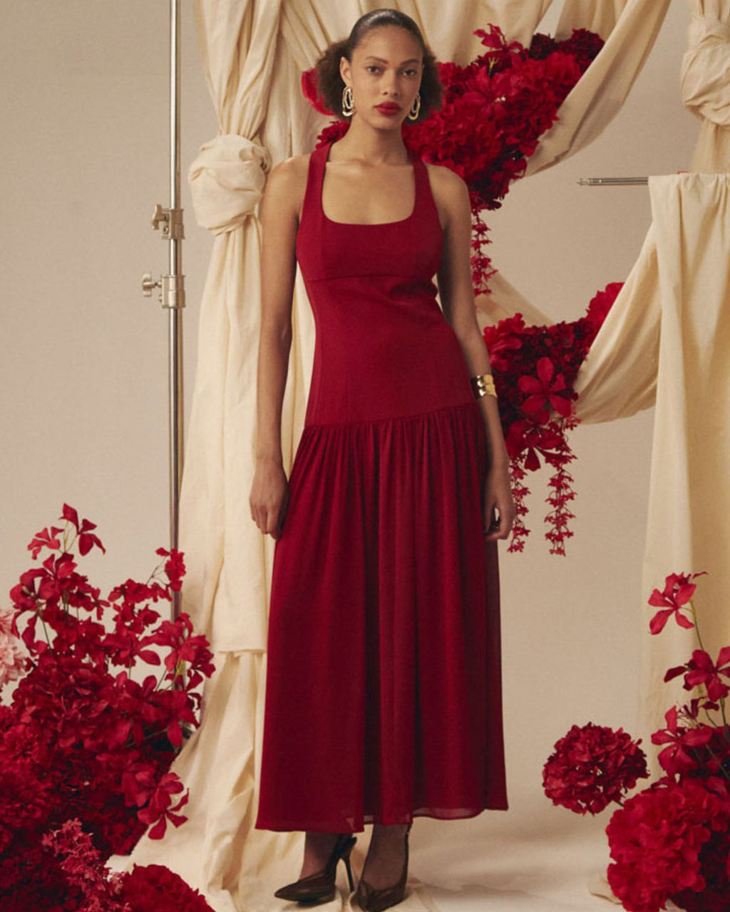 Selena Dropped Waist Dress in deep red — alternate view