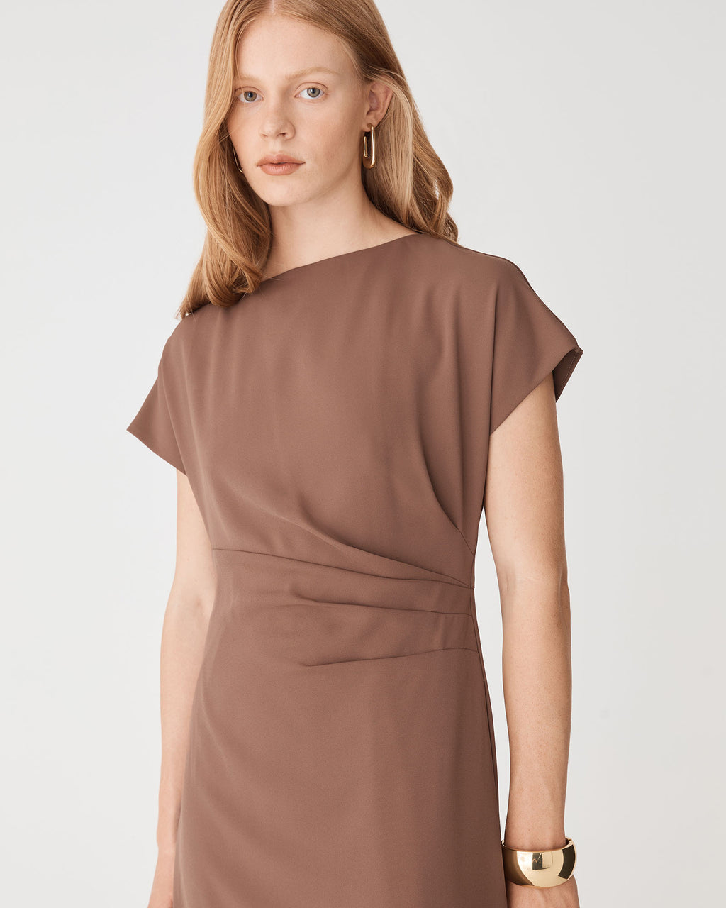 Bianca Side Pleat Midi Dress in coffee — close-up view