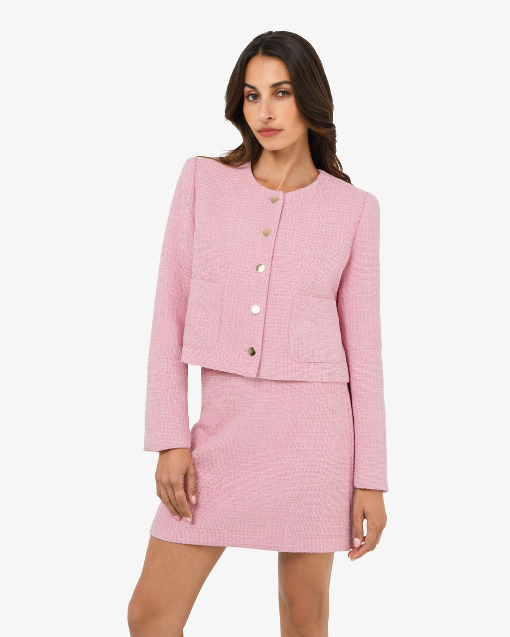Cynthia Crop Tweed Jacket in pink — close-up view 2