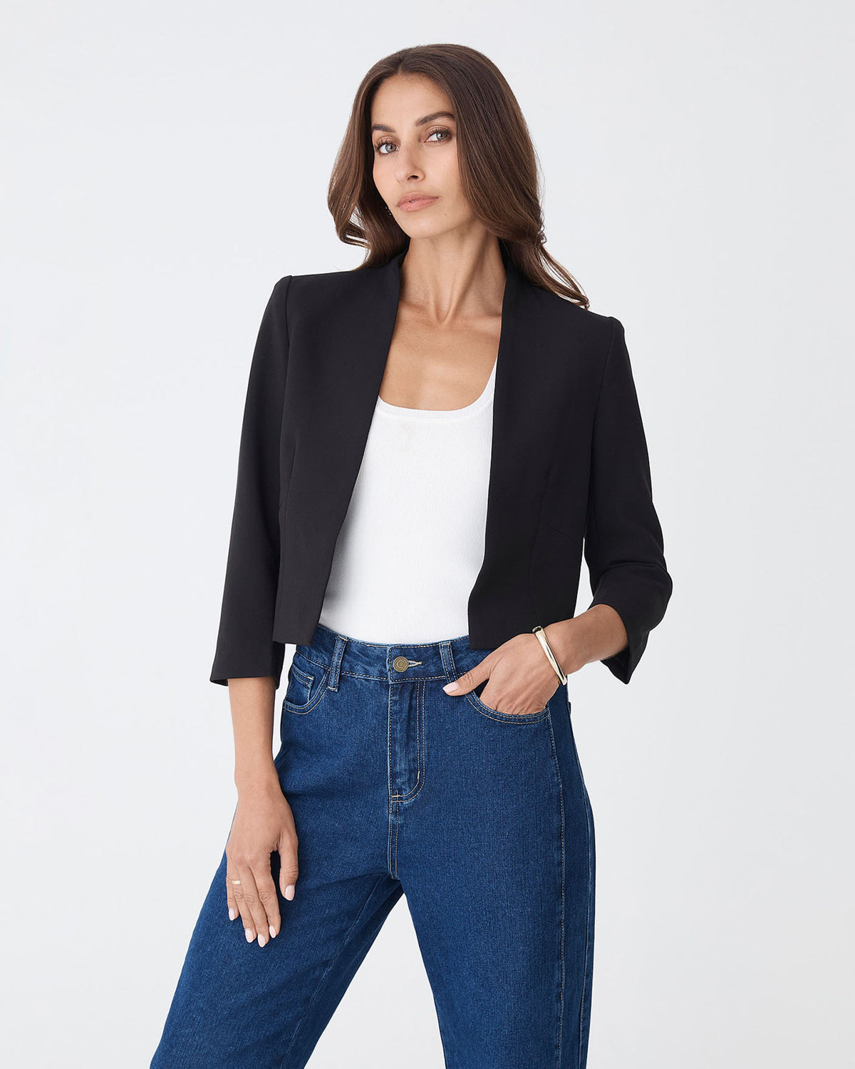 Nikki Collarless Crop Jacket in black — close-up view 2