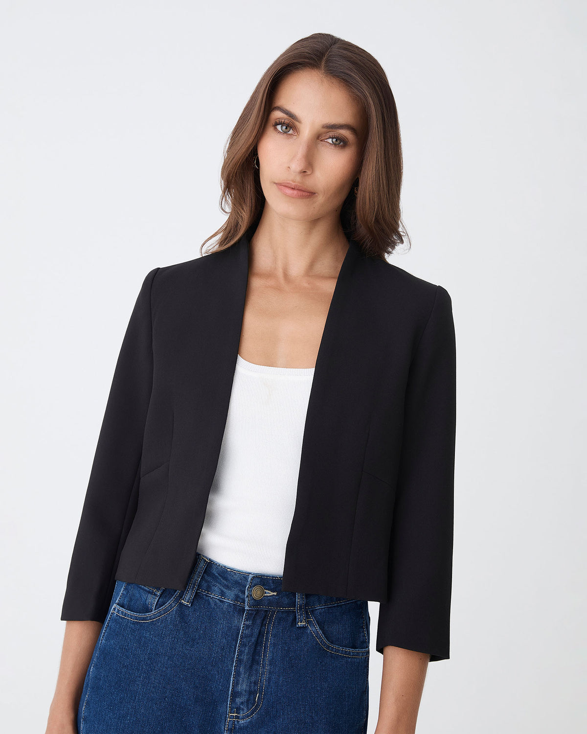 Nikki Collarless Crop Jacket in black — close-up view 3