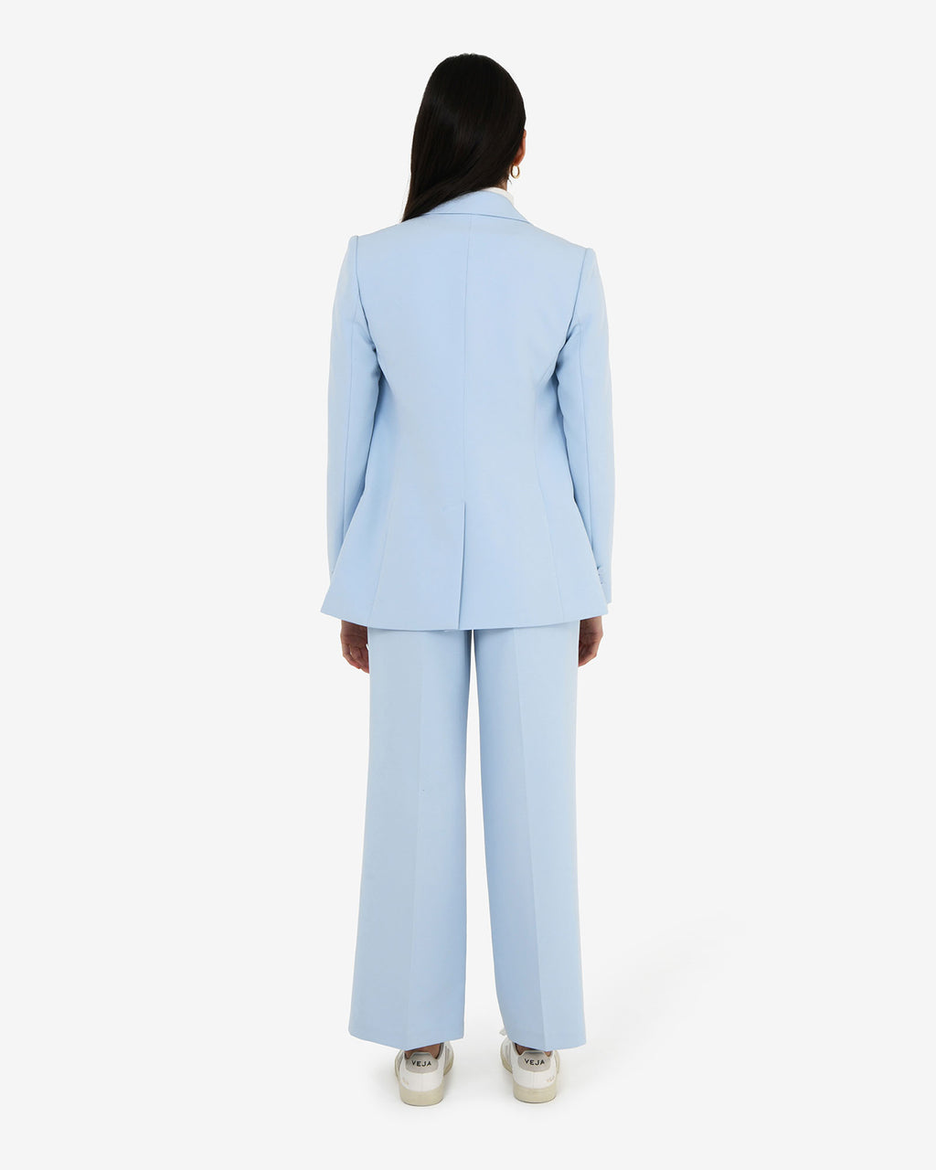 Nikki Double Breasted Blazer in sky blue — back view