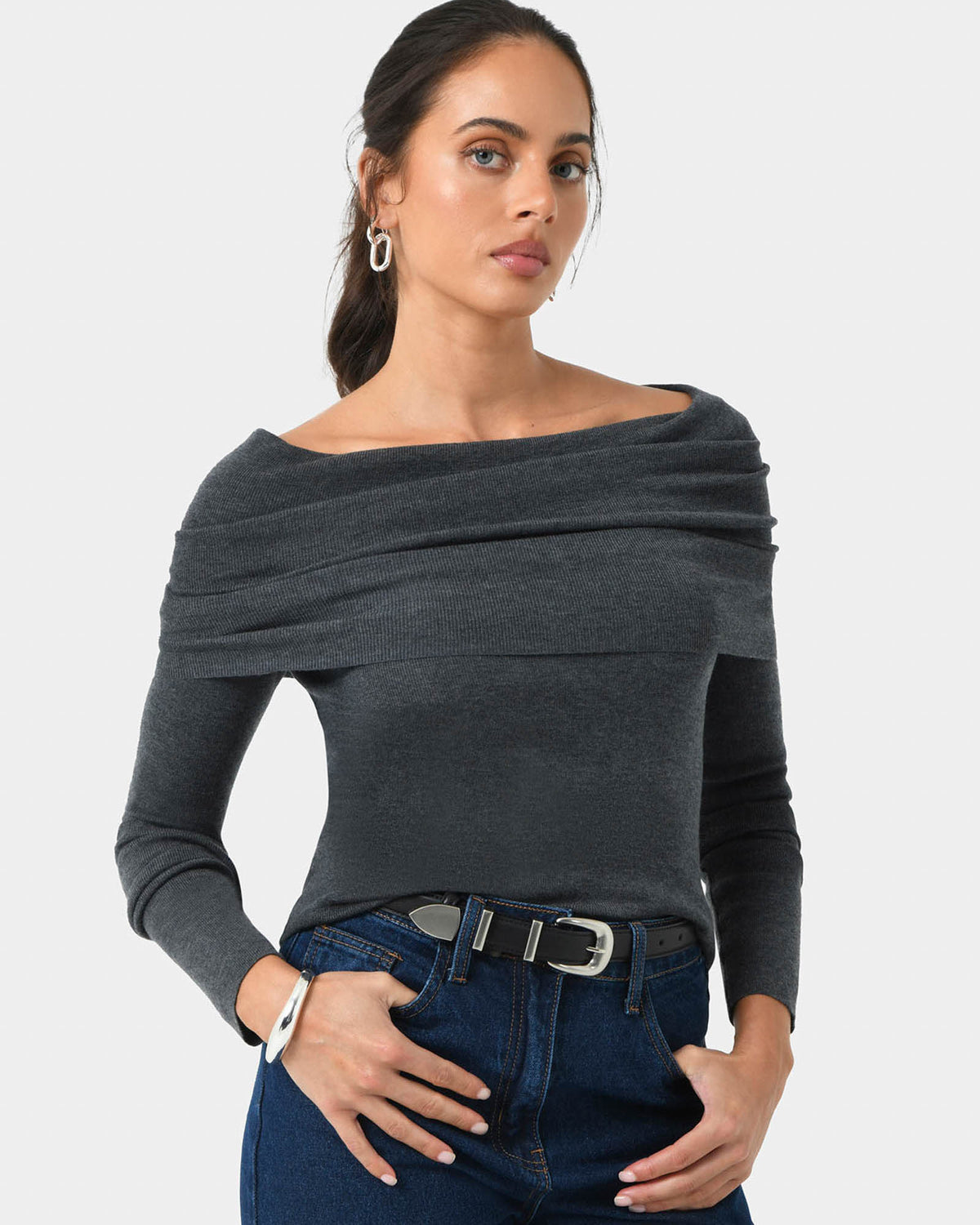 Ally Off Shoulder Knit in charcoal grey — close-up view
