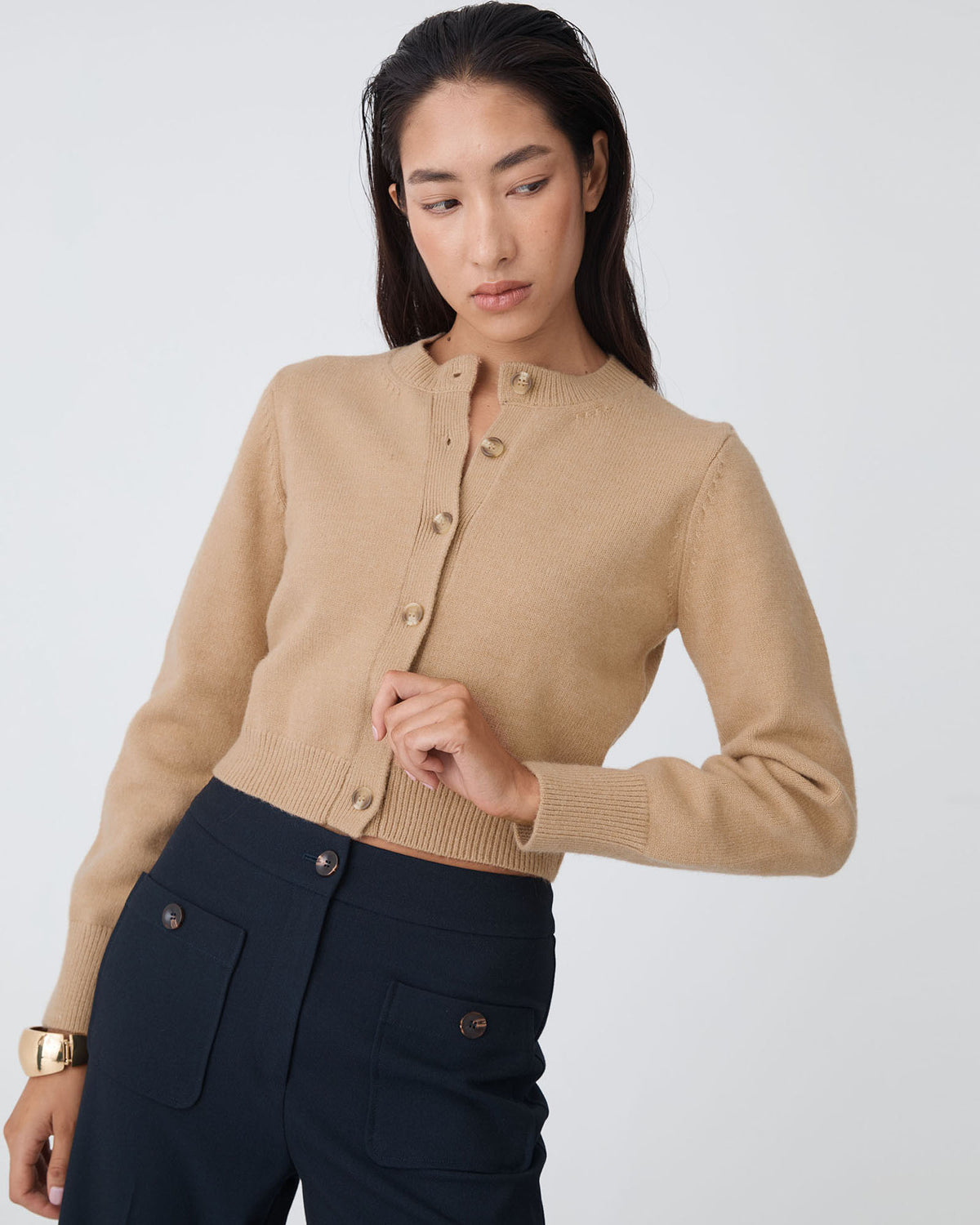 Alina Button Cardigan in camel — close-up view
