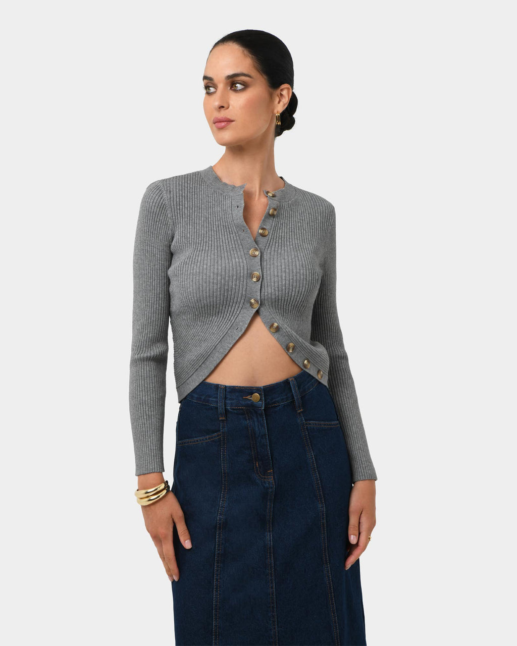 Abaya Button Crop Knit in grey — close-up view
