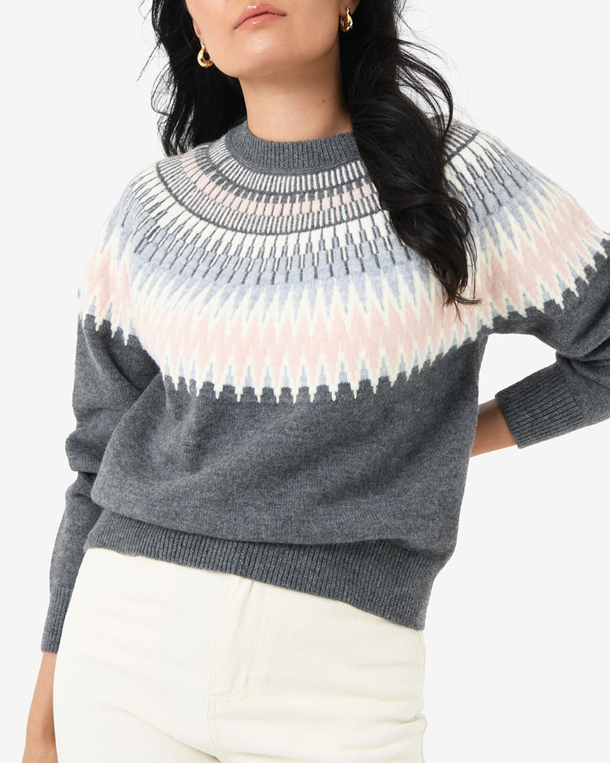 Natasha Fair Isle Sweater in pink charcoal — close-up view