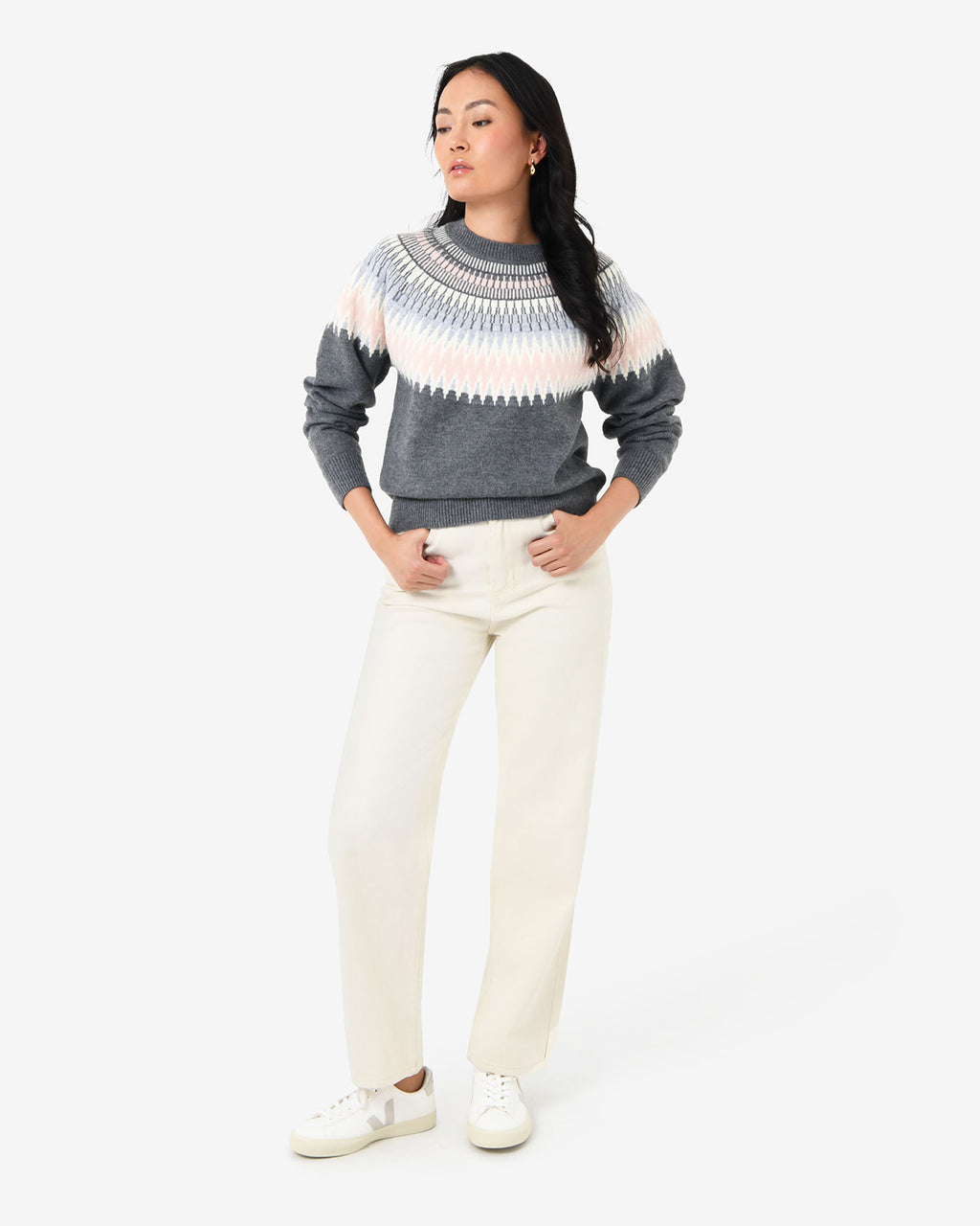 Natasha Fair Isle Sweater in pink charcoal — full-length view